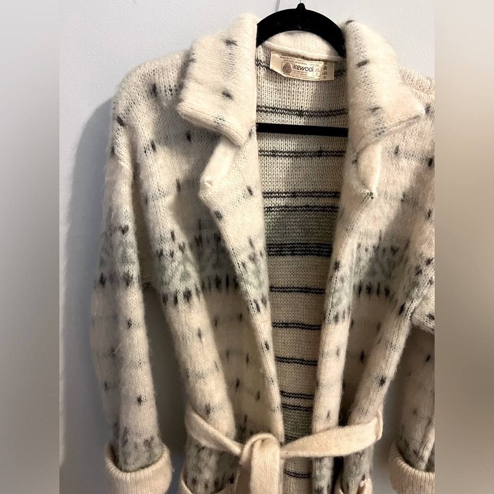 ALAFOSS ICEWOOL Ivory & Brown Virgin Wool Full-Zip Belted Sweater Coat-  Sz S - Picture 6 of 14
